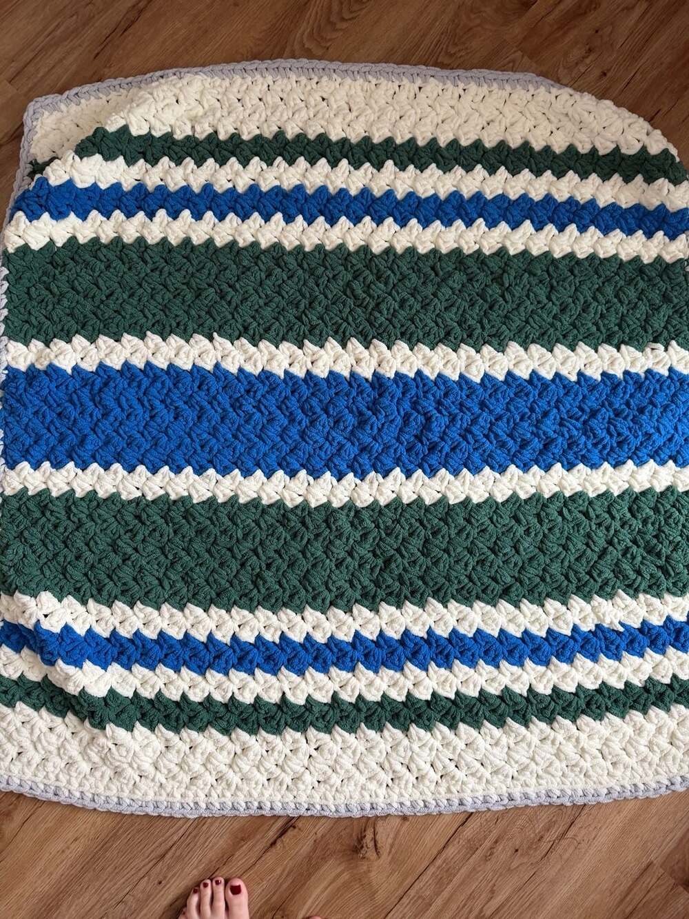 Handmade Chunky Chenille Crochet Striped Throw Blanket Blue Green White